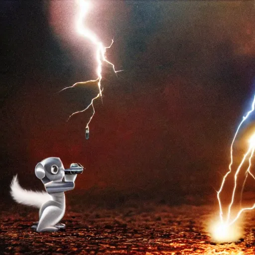 Prompt: atomic powered cybernetic squirrel farting lightning at an army of replicant robots