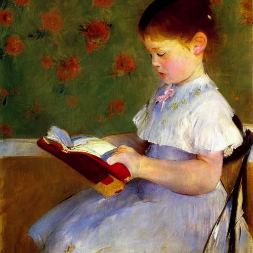 Prompt: painting of a little girl reading a book in a room, by Mary Cassatt, Berthe Morisot, sunny morning