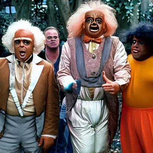 Prompt: a band of oompa loompas trying to help doc brown find his DeLorean