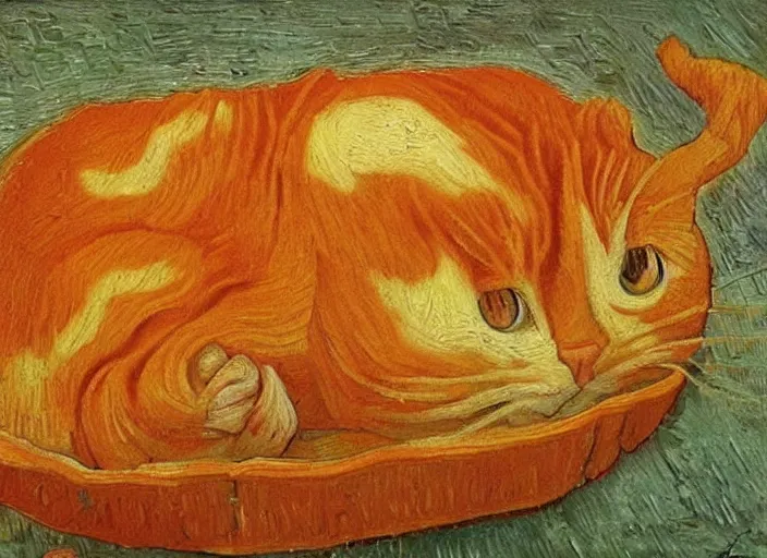 Image similar to detailed realistic realism painting of lasagna that looks like an orange tabby cat, at dusk, in the style of vincent van gogh and salvador dali and leonardo da vinci