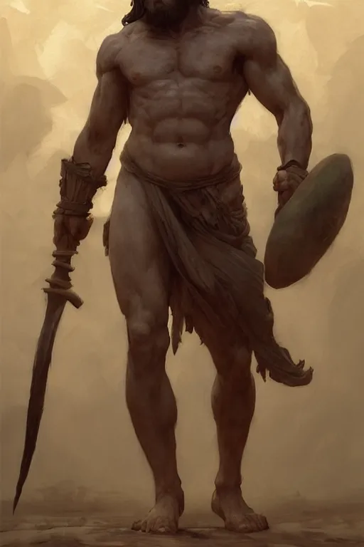 Image similar to ancient historically accurate depiction of the Bible Character Goliath of Gath, the Philistine warrior giant by frank miller, illustration by Ruan Jia and Mandy Jurgens and William-Adolphe Bouguereau, Artgerm, 4k, digital art, surreal, space dandy style, highly detailed, godsend, artstation, digital painting, concept art, smooth, sharp focus, illustration by Ruan Jia and Mandy Jurgens and William-Adolphe Bouguereau, Artgerm