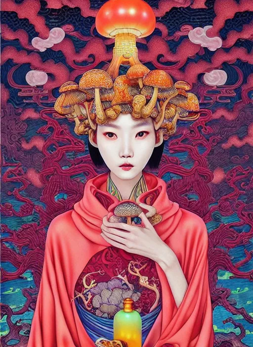 Prompt: pretty chinese model with hallucination mushroom : : by martine johanna and simon stalenhag and chie yoshii and casey weldon and wlop : : ornate, dynamic, particulate, rich colors, intricate, elegant, highly detailed, vogue, harper's bazaar art, fashion magazine, smooth, sharp focus,