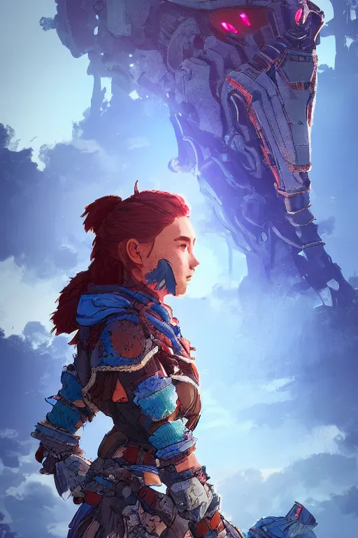 Image similar to combination suit armor aloy horizon forbidden west horizon zero dawn radiating a glowing aura global illumination ray tracing hdr fanart arstation by ian pesty and alena aenami artworks in 4 k tribal robot ninja mask helmet backpack