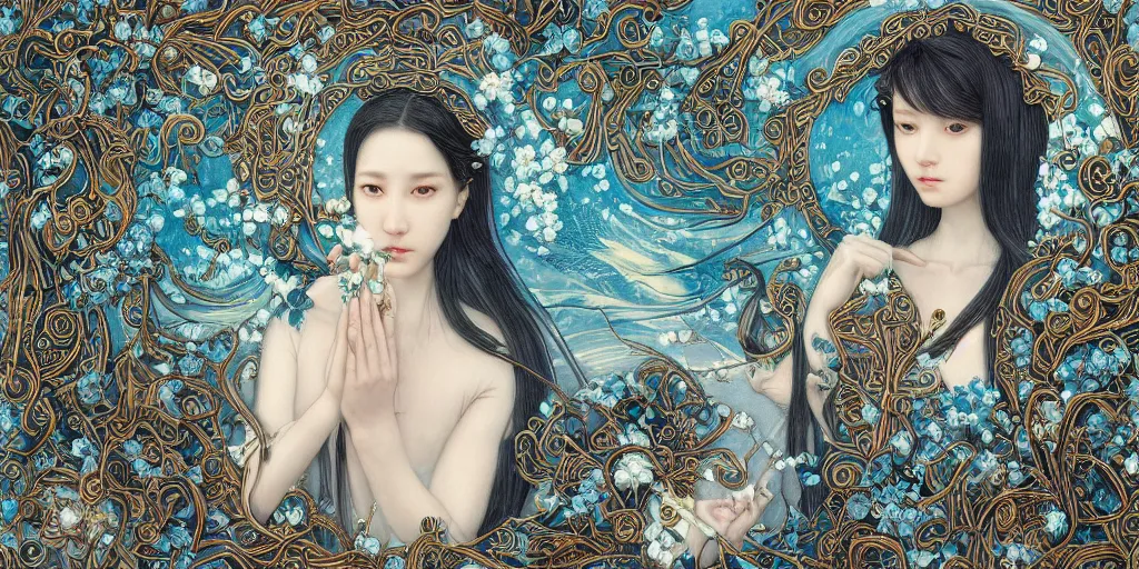Prompt: breathtaking detailed concept art painting of the goddesses of nemophila flowers, orthodox saint, with anxious, piercing eyes, ornate background, amalgamation of leaves and flowers, by Hsiao-Ron Cheng, James jean, Miho Hirano, Hayao Miyazaki, extremely moody lighting, Black paper, cut paper texture, Full of light-blue and silver and white layers, 8K
