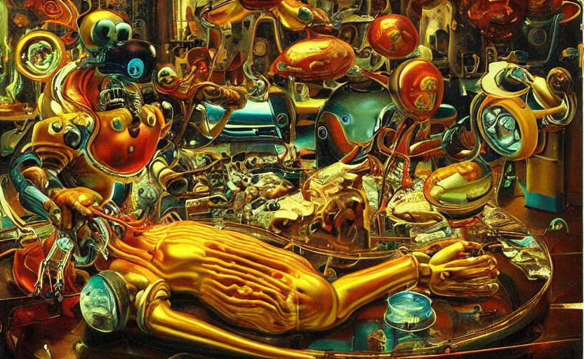 Image similar to strange futuristic robot body, eyes everywhere, disturbing colorful oil painting dutch golden age vanitas still life sparse composition with bizarre objects strange gooey transparent surfaces shiny metal reflections bizarre mutant meat insects rachel ruysch dali todd schorr very detailed perfect composition rule of thirds masterpiece canon 5 0 mm, cinematic lighting, photography, retro, film, kodachrome