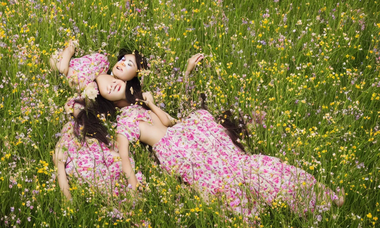 Image similar to a beautiful young Asian woman lying in a field of wildflowers, wearing a sun dress, portrait, dreamy