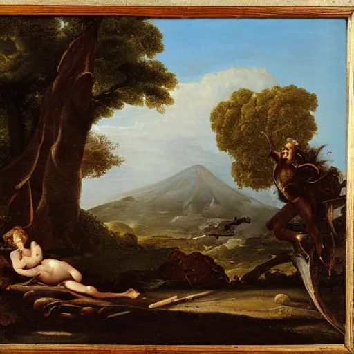 Image similar to a volcano seething, ethereal landscape, elves, fauns, musicians, claude lorrain pastoral landscape