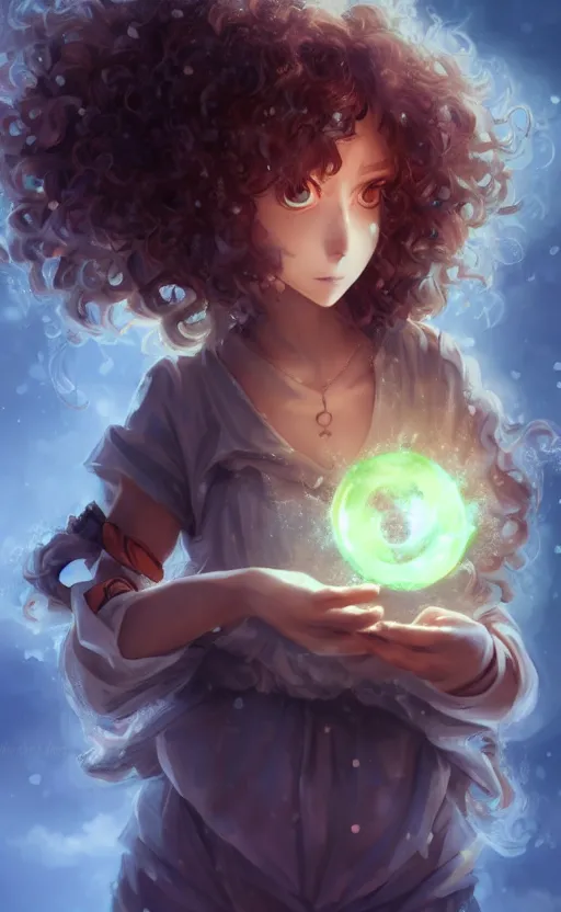 Prompt: anime girl with curly hair holding a magical orb, WLOP, concept art, digital painting, trending on artstation, highly detailed, epic composition, 8k UHD