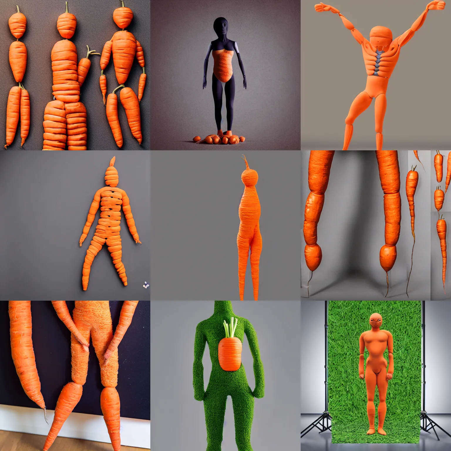 Prompt: a carrot dressed in human body, realistic, detailed, studio photo