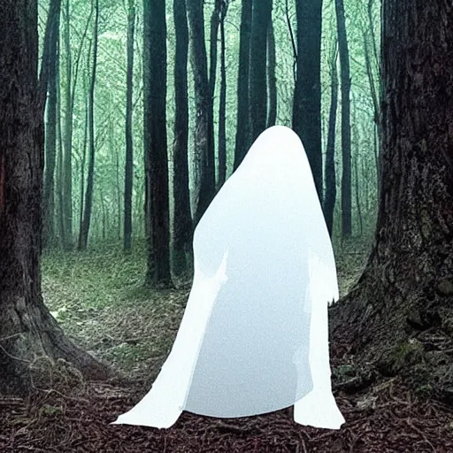 Image similar to realistic optical illusion of a ghost that looks like a skelet into the woods