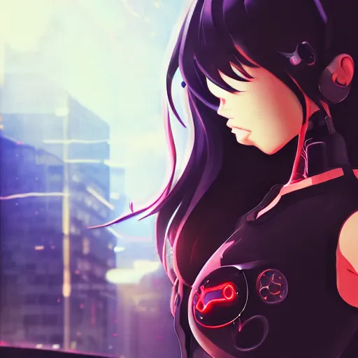 Image similar to digital anime, cyborg - girl standing in the middle of the street bending and refracting light around her, black red long hair!, biomechanical details, neon background lighting, reflections, wlop, ilya kuvshinov, artgerm