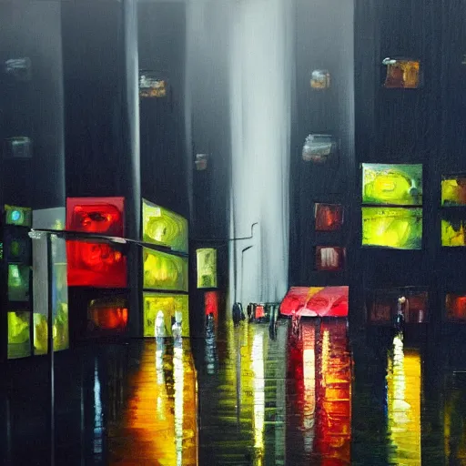 Image similar to city streetscape, dark road with cars, people at night, tall buildings with shops below at street level, neon lights above shops, headlights and stop lights illuminating surroudings, raining, very dark lighting, abstract oil painting