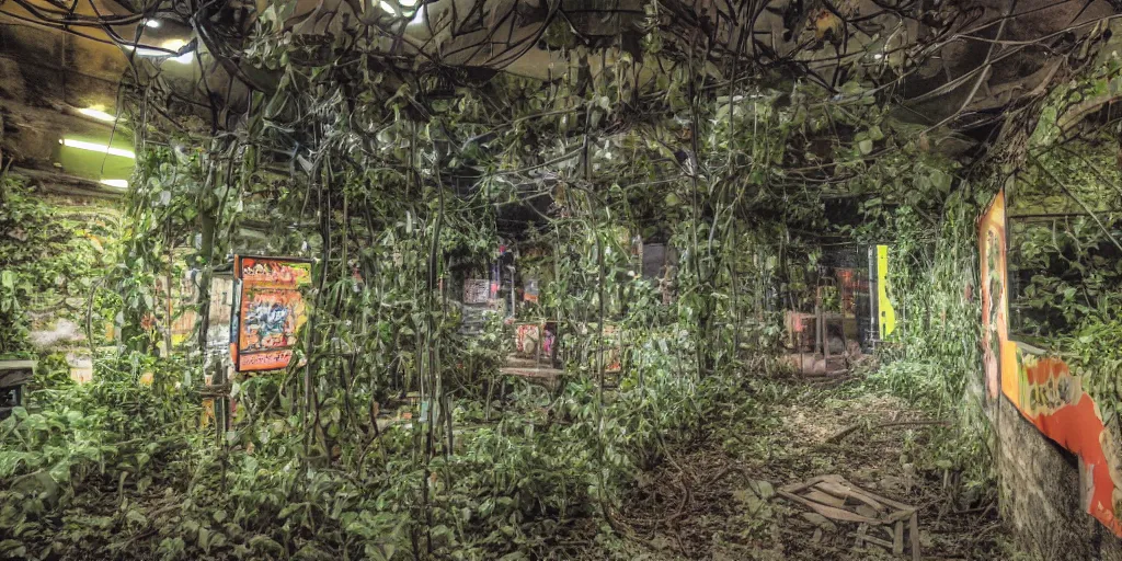 Prompt: an urban exploration photograph of lonely creepy liminal space within an abandoned underwater mcdonalds playplace with tube waterslides and retro arcade machines overgrown with vines photograph taken on kodak film