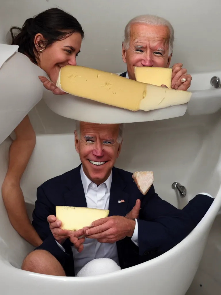 Image similar to Joe Biden eating cheese in a bathtub