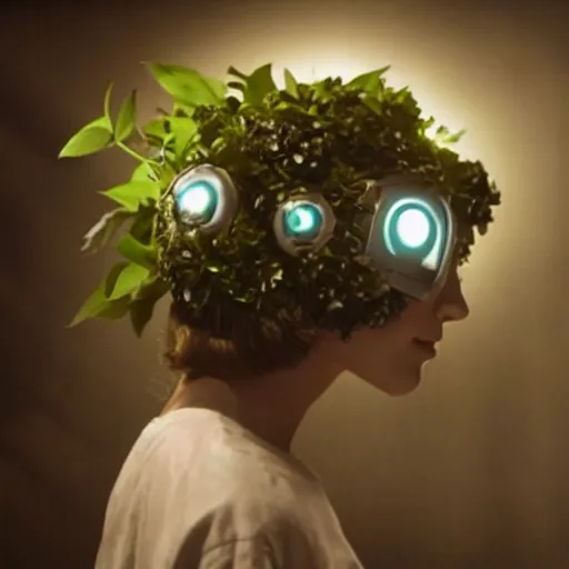 Image similar to movie still of a girl with a cyborg plants flowers helmet, cinematic composition, cinematic light, by edgar wright and david lynch