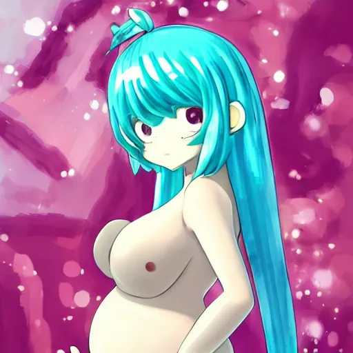 Image similar to cute pregnant hatsune miku with pregnant belly, baby struggling inside womb, kicks are visible on the belly, art in anime style, trending on pixiv