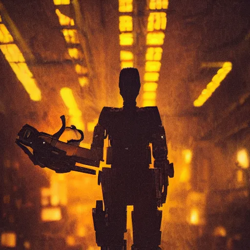 Image similar to closeup of mecha with surface of knives and forks, dark messy smoke - filled cluttered workshop, dark, dramatic lighting, orange tint, cinematic, highly detailed, sci - fi, futuristic, movie still from blade runner