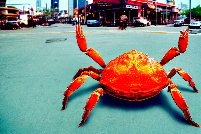 Image similar to 2 0 1 5 cute giant crab terrorizing a city, googie city, americana, fishcore, hd 8 k, photography cinestill