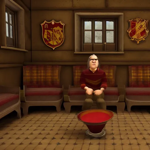 Prompt: Hairy Potter in Gryffindor's common room, Playstation 2 screenshot, 3D Render