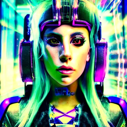 Prompt: cyberpunk beautiful lady gaga self portrait listening to music in a colourful club, macro, vibrant, 3 0 mm photography, wide shot, dramatic lighting, octane render, hyperrealistic, high quality, highly detailed, artstation, hd, beautiful, cinematic, 8 k, unreal engine, facial accuracy, symmetrical