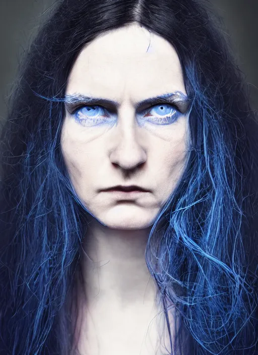 Prompt: portrait photograph of the most beautiful woman with a long dark blue hair, blue eyes, stern expression, david mccurry, lorenzo agius, alessio albi