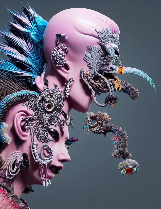 Image similar to 3 d goddess close - up profile portrait punk with mohawk with ram skull. beautiful intricately detailed japanese crow kitsune mask and clasical japanese kimono. betta fish, jellyfish phoenix, bio luminescent, plasma, ice, water, wind, creature, artwork by tooth wu and wlop and beeple and greg rutkowski