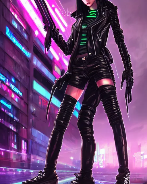 prompthunt: 3D concept art of a classy cyberpunk woman wearing streetwear  and futuristic clothing, black hair bangs, videogame concept art, in the  style of valorant character arts