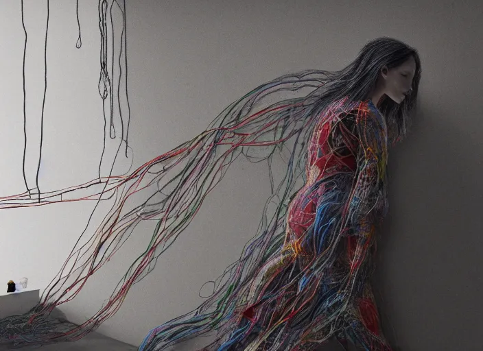 Image similar to rgb, woman, modern art museum, cinematic, movie scene, inspired by zdzislaw beksinski, new zealand landscape, clothes made out of veins,, cables everywhere, bedroom, ultra realistic, concept art, intricate details, highly detailed, photorealistic, octane render, 8 k