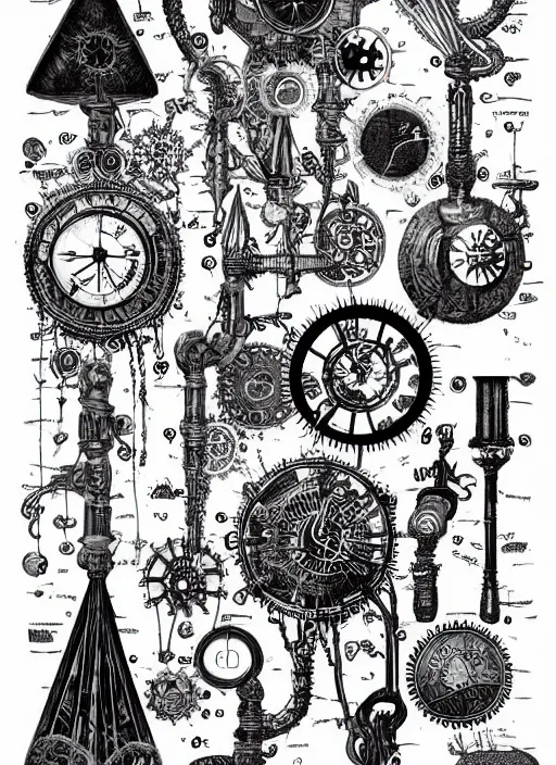 Prompt: black and white boho mystical scientific illustration of some mysterious and arcane steampunk items. composition, fine lines, very high details