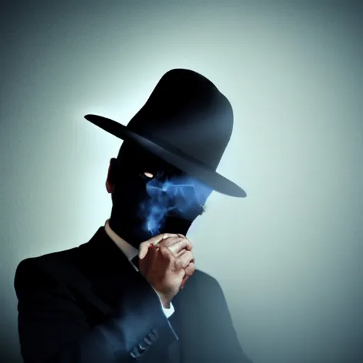 Image similar to mysterious man in black suit and black hat, he has a pistol, smoke, fog, mysterious, 4 k, highly detailed, digital art, strong shadows, high contrast, epic scene, atmospheric, blue colours