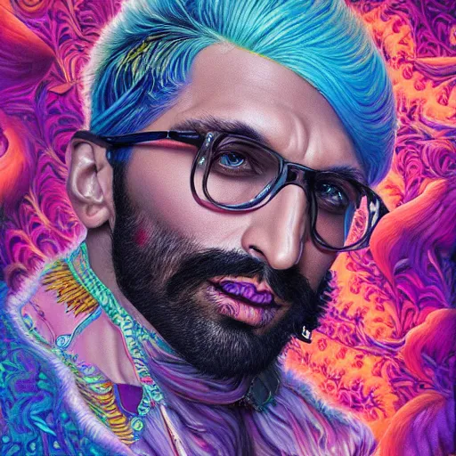 Image similar to portrait of ranveer singh, hyper detailed masterpiece, neon floral pattern, jean giraud, digital art painting, darkwave goth aesthetic, psychedelic, artgerm, donato giancola and tom bagshaw