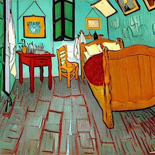 Image similar to a cozy bedroom decorated by van gogh, detailed, high resolution, wow!, intricate