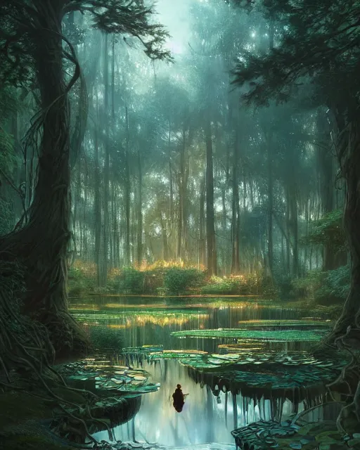 Image similar to a huge magical pond surrounded by a dense forest of crooked trees, roots reaching out to the water, fireflies, deep focus, d & d, fantasy, intricate, elegant, highly detailed, digital painting, artstation, concept art, matte, sharp focus, illustration, hearthstone, art by greg rutkowski and alphonse mucha and andreas rocha