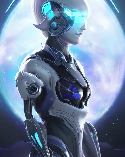 Image similar to perfect android girl on a mothership, warframe armor, beautiful face, scifi, futuristic, galaxy, nebula, raytracing, dreamy, long white hair, blue cyborg eyes, sharp focus, cinematic lighting, highly detailed, artstation, divine, by gauthier leblanc, kazuya takahashi, huifeng huang