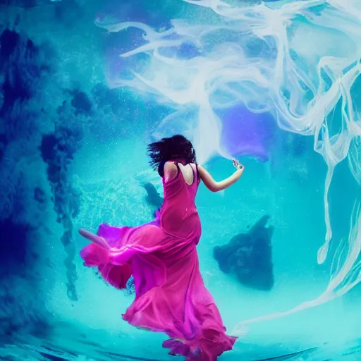 Prompt: woman dancing underwater wearing a flowing dress made of blue, magenta, and yellow seaweed, delicate coral sea bottom, swirling silver fish, swirling smoke shapes, bryce render, caustics lighting from above, cinematic, hyperdetailed