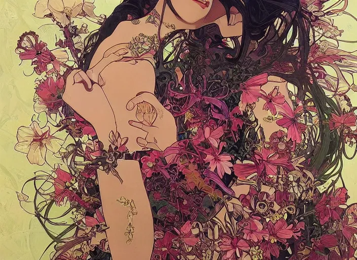 Prompt: oil painting, long shot, beautiful floralpunk iban bio mechanical female illustration detailed patterns art of sarawak traditional dress, flower pop art, floral splash painting, art by ashley wood, alphonse mucha, makoto shinkai, geof darrow, dark shadow