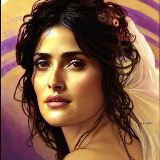 Image similar to salma hayek portrait by alfons mucha, playful, fantasy, medieval, beautiful face, perfect detailed eyes, vivid colrs, elegant, concept art, sharp focus, digital art, hyper - realistic, 4 k, unreal engine, highly detailed, hd, dramatic lighting by brom, trending on artstation, holy halo