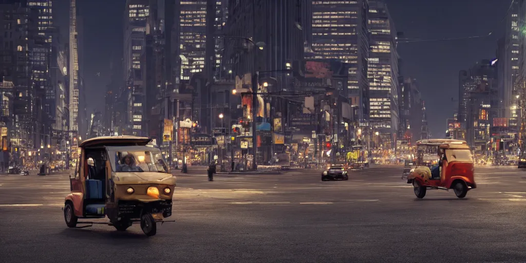 Image similar to a tuk tuk walking through a desolate manhattan city street at night statue of liberty seen in the background realistic 4 k octane beautiful