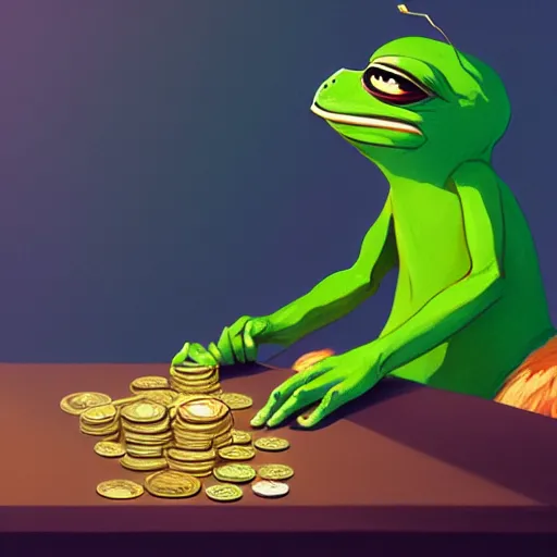 Image similar to super rich happy pepe, luxury, treasury, coins, money, hyper detalied, blue crystals, greg rutkowski, artstation