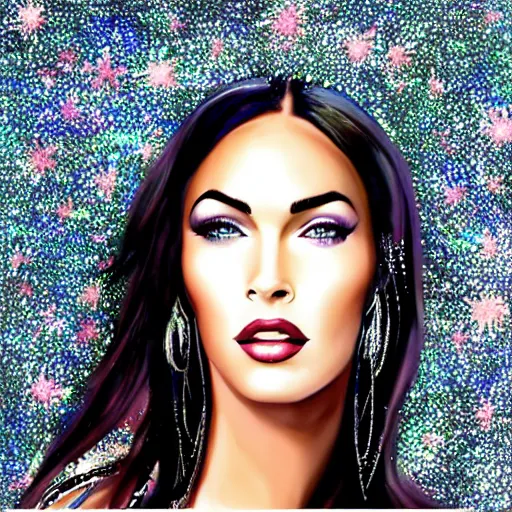 Prompt: “Megan Fox glitter paints paintings, glitter background, ultra detailed portrait, 4k resolution”