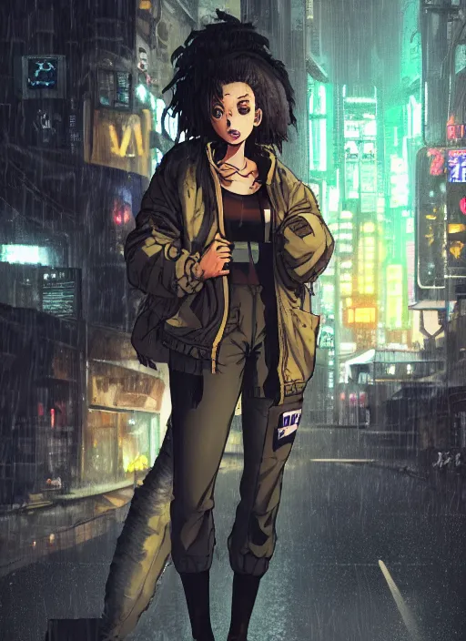 Image similar to character portrait of a female anthro hyena fursona with a cute beautiful attractive furry face and long black curly hair wearing a police bomber jacket in a cyberpunk city at night while it rains. hidari, color page, tankoban, 4K, tone mapping, Akihiko Yoshida.