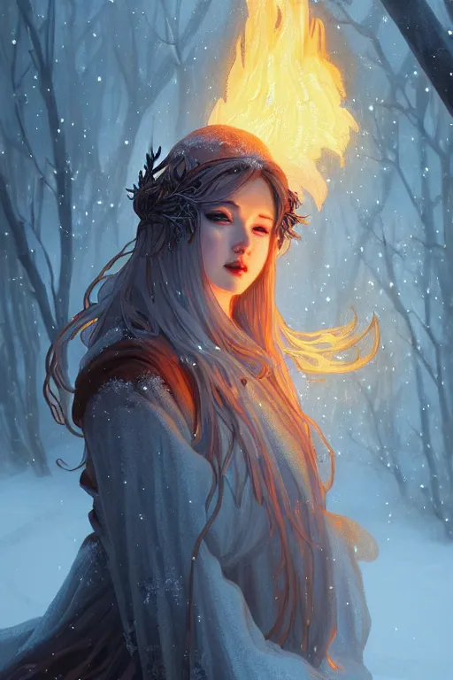 Image similar to beautiful ancient frost witch, flames around, snowy glow, snowfall, highly detailed, digital painting, artstation, sharp focus, illustration, art by tan zi and ayanamikodon and alphonse mucha and wlop