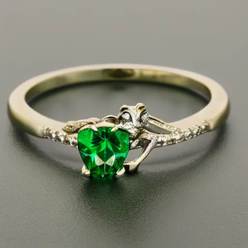 Image similar to frog shaped engagement ring made of emeralds, extremely realistic, studio lighting, 4k