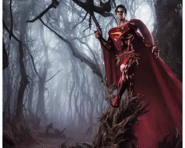 Prompt: 5 5 mm portrait photo of a demonic undead superman in a magical forest. magical atmosphere. art by greg rutkowski and luis royo. highly detailed 8 k. intricate. lifelike. soft light. nikon d 8 5 0.