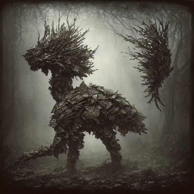 Prompt: powdery blurry old tintype photography of realistic armoured tree made of leaves, dramatic light, dystopian environment, intricate, elegant, highly detailed, centered headdress, artstation, sharp focus, artgerm, tomasz alen kopera, peter mohrbacher, donato giancola, joseph christian leyendecker, wlop, boris vallejo, frank frazetta