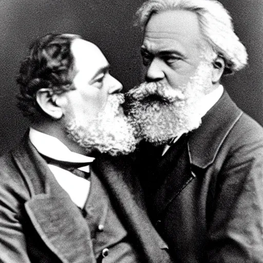 Image similar to Karl Marx and Nietzsche kissing, bedroom background, photo, 1920