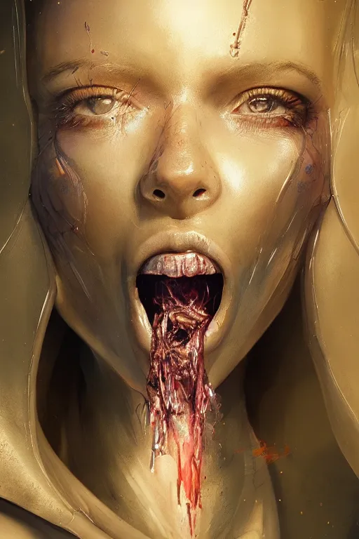 Image similar to attractive female i robot sticking out the tongue, seven deadly sins, close - up portrait, intricate, elegant, volumetric lighting, scenery, digital painting, highly detailed, artstation, sharp focus, illustration, concept art, luis rollo, ruan jia, steve mccurry, john berkey