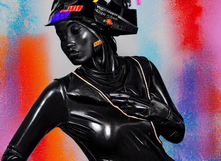 Image similar to beautifully lit photo of a black marble statue of a woman with colorful motocross logos and a black motorcycle helmet with closed visor, carved marble statue, symmetrical, fine art, michaelangelo, vogue, in the style of virgil abloh, offwhite, matthew williams, denoise, highly detailed, arnold, maya, photoshop, lightroom