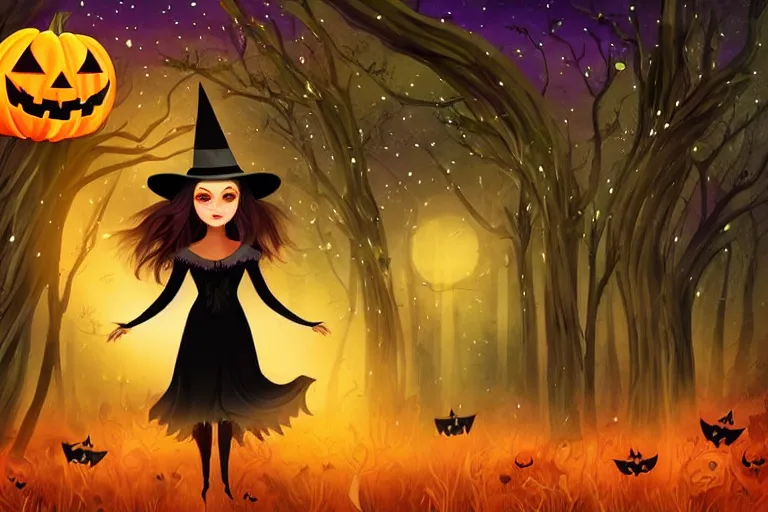 Prompt: halloween witch girl with making witchcraft, magic in her hands, spells. beautiful young woman in witches hat conjuring. spooky dark magic forest background. magician. wide halloween party art design