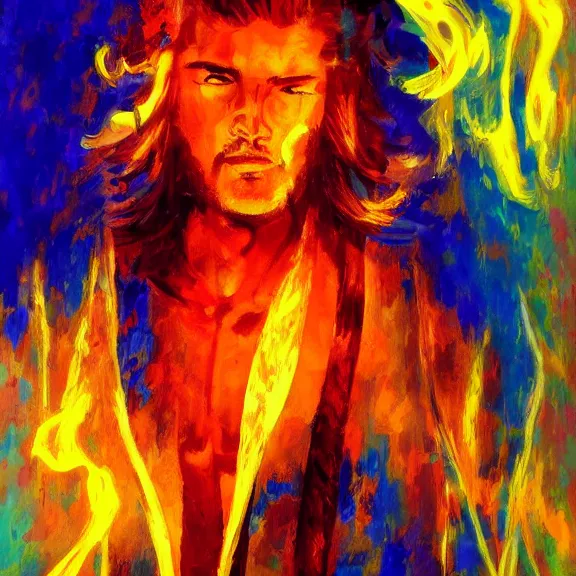 Image similar to abstract painting of man on fire. Handsome. Long hair. portrait. ArtStation. Impressionist